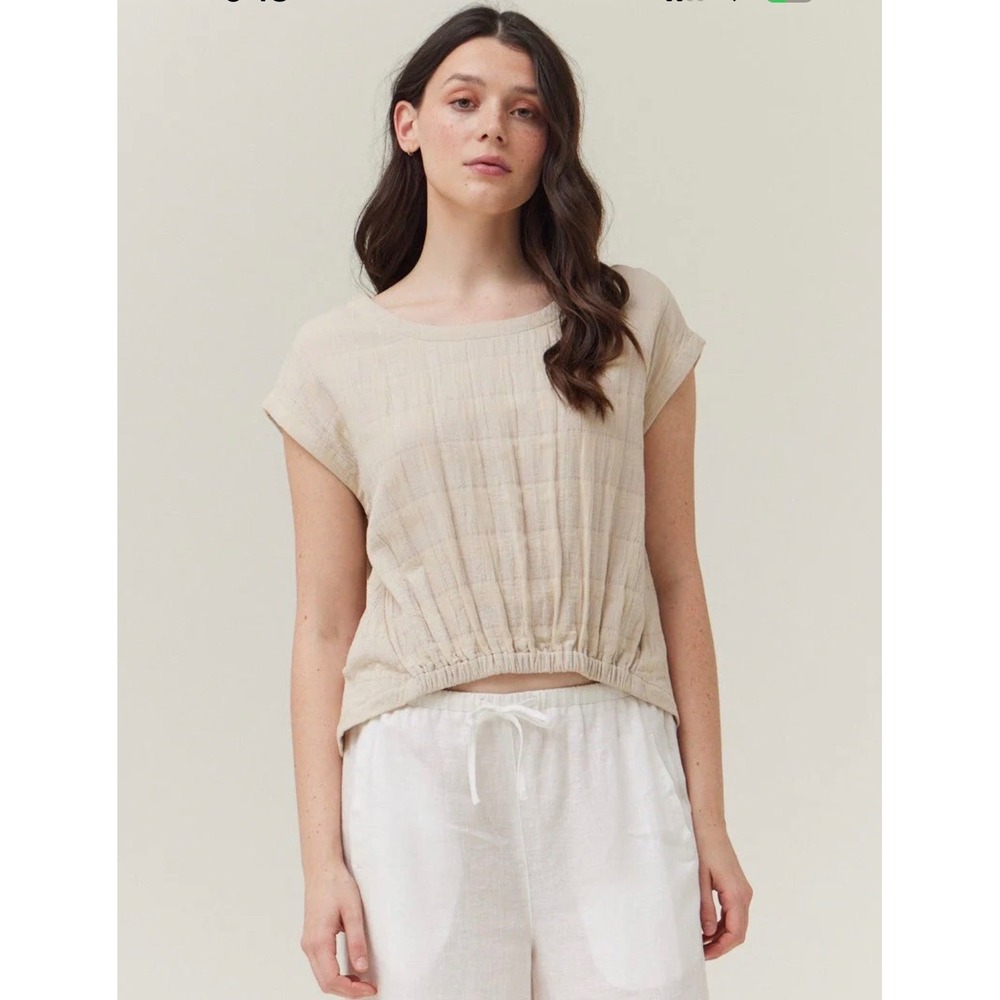 GRADE AND GATHER Beige Textured Linen Blend Cropped Pullover Top Size L